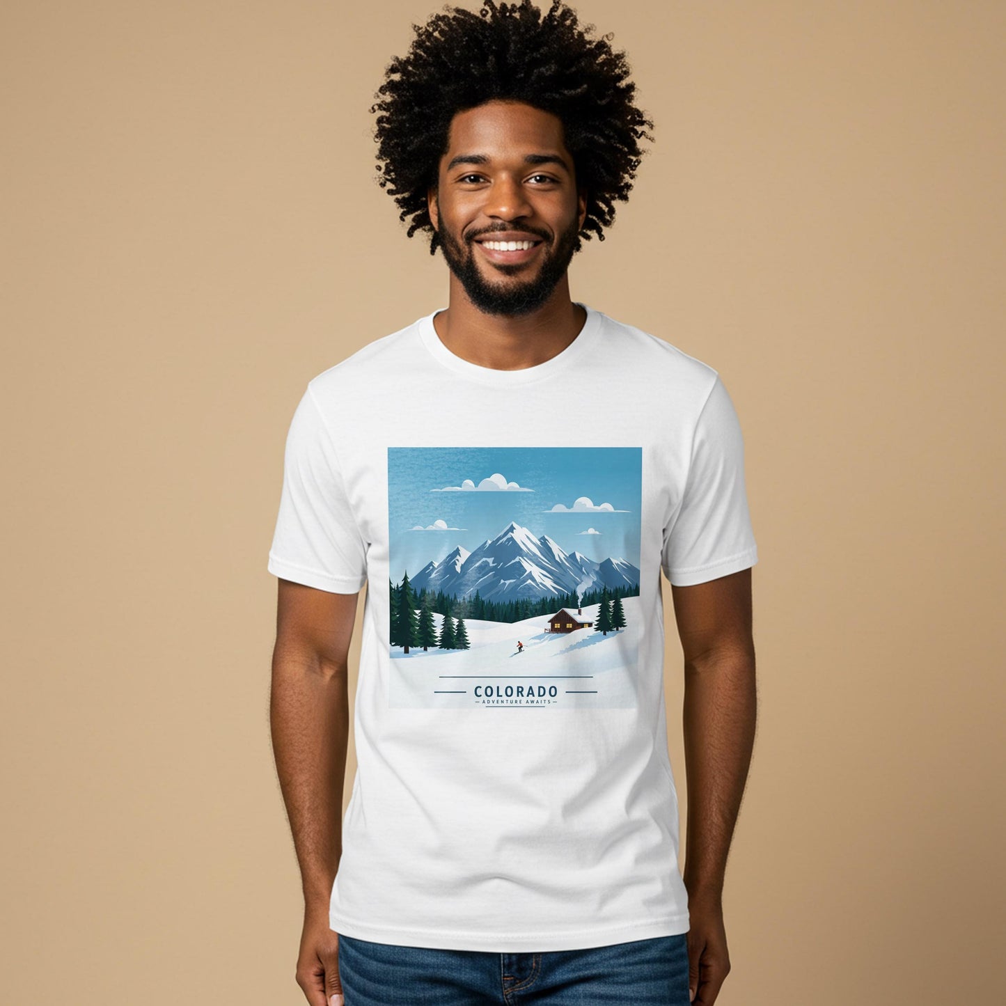 Colorado Adventure Awaits T-Shirt | Retro Skiing Mountain Landscape Tee | Cozy Cabin Winter Scene | Garment Dyed Unisex Apparel Gift