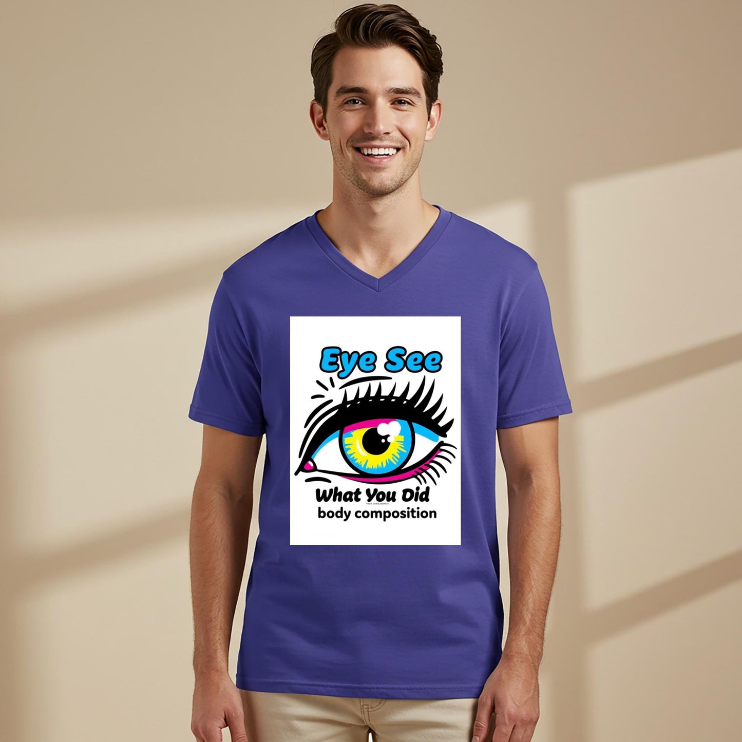Unisex V-Neck Tee with Bold Pop Art Eye Design | CMYK Vibrant Graphic T-Shirt | Humorous Statement Apparel | Quirky Streetwear Gift Idea