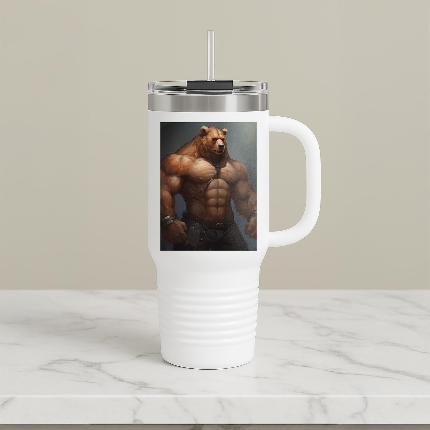 Mighty Bear Insulated Travel Mug 40oz | Muscular Fantasy Bear Art Tumbler | Rugged Wilderness Design | Powerful Animal Gift for Men