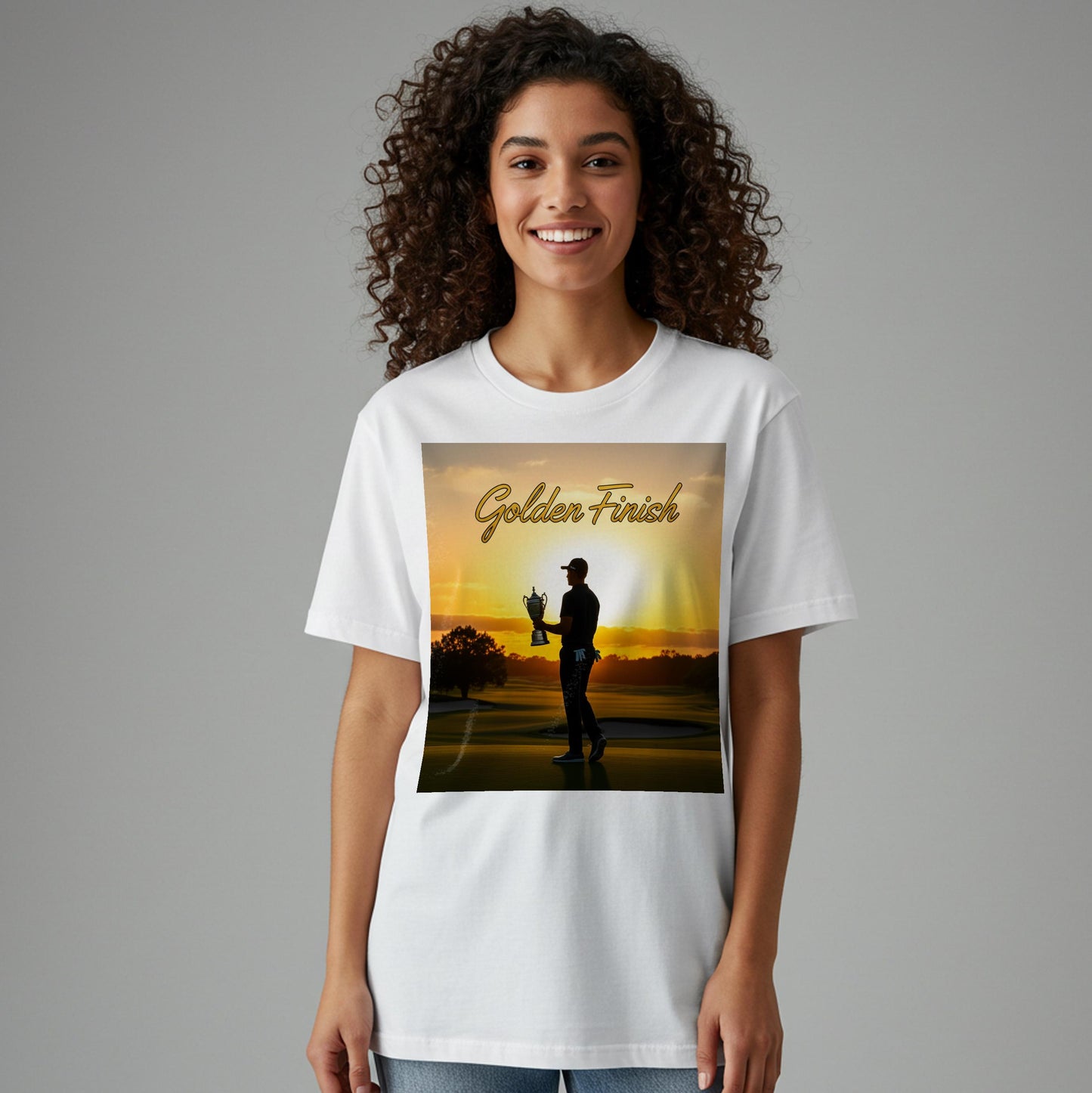Golden Finish Golf T-Shirt | Triumphant Golfer Sunset Tee | Victory Achievement Apparel | Inspirational Sports Fan Gift for Him Her