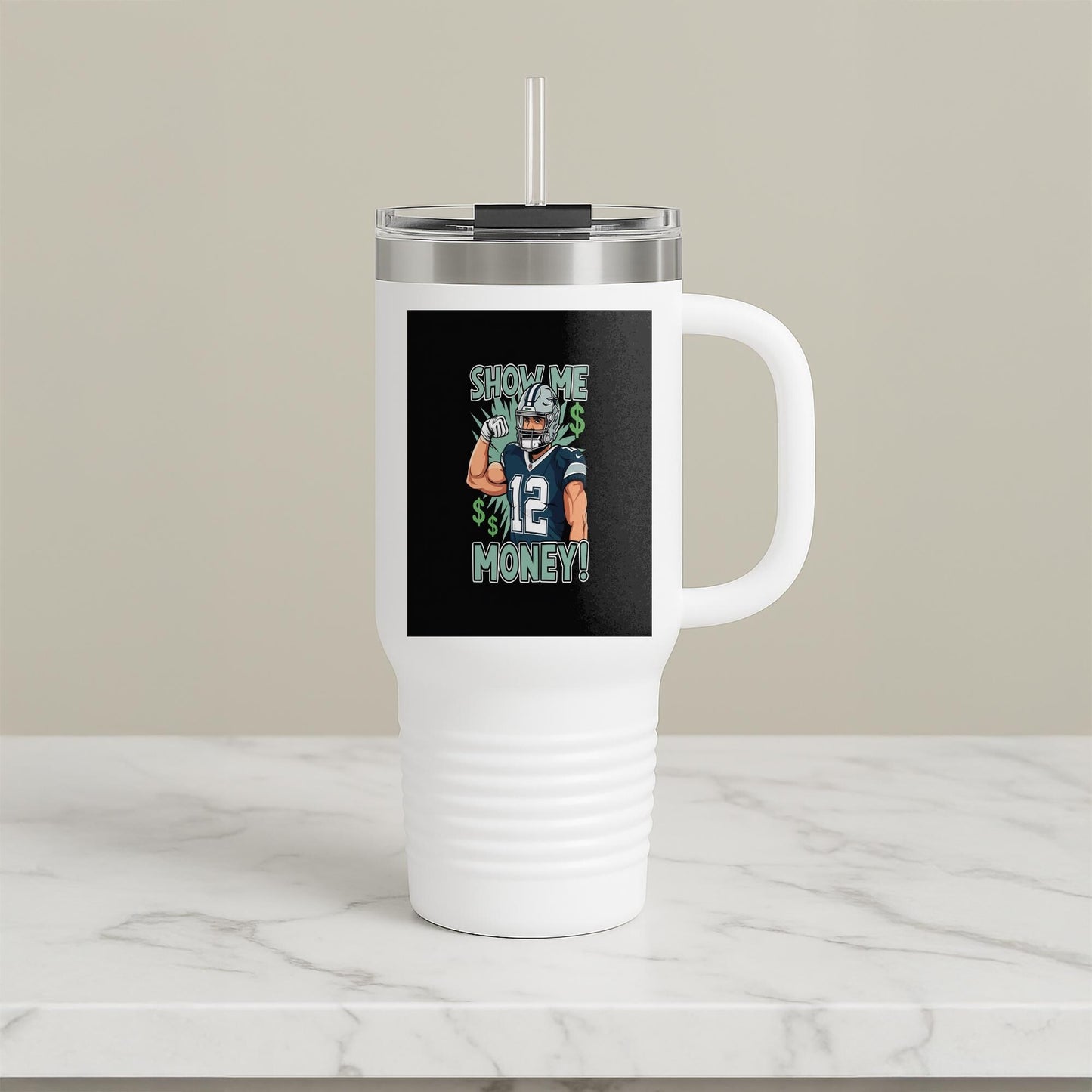 40oz Insulated Travel Mug Football Player Show Me Money Sports Fan Gift Game Day Tumbler Money Mindset Hustle Culture Motivational Drinkware