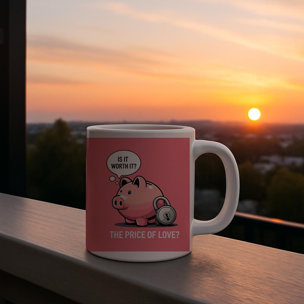 Is It Worth It? The Price of Love Piggy Bank Mug | Funny Sarcastic Relationship Humor Coffee Cup | Unique Valentine's Day Gift Idea