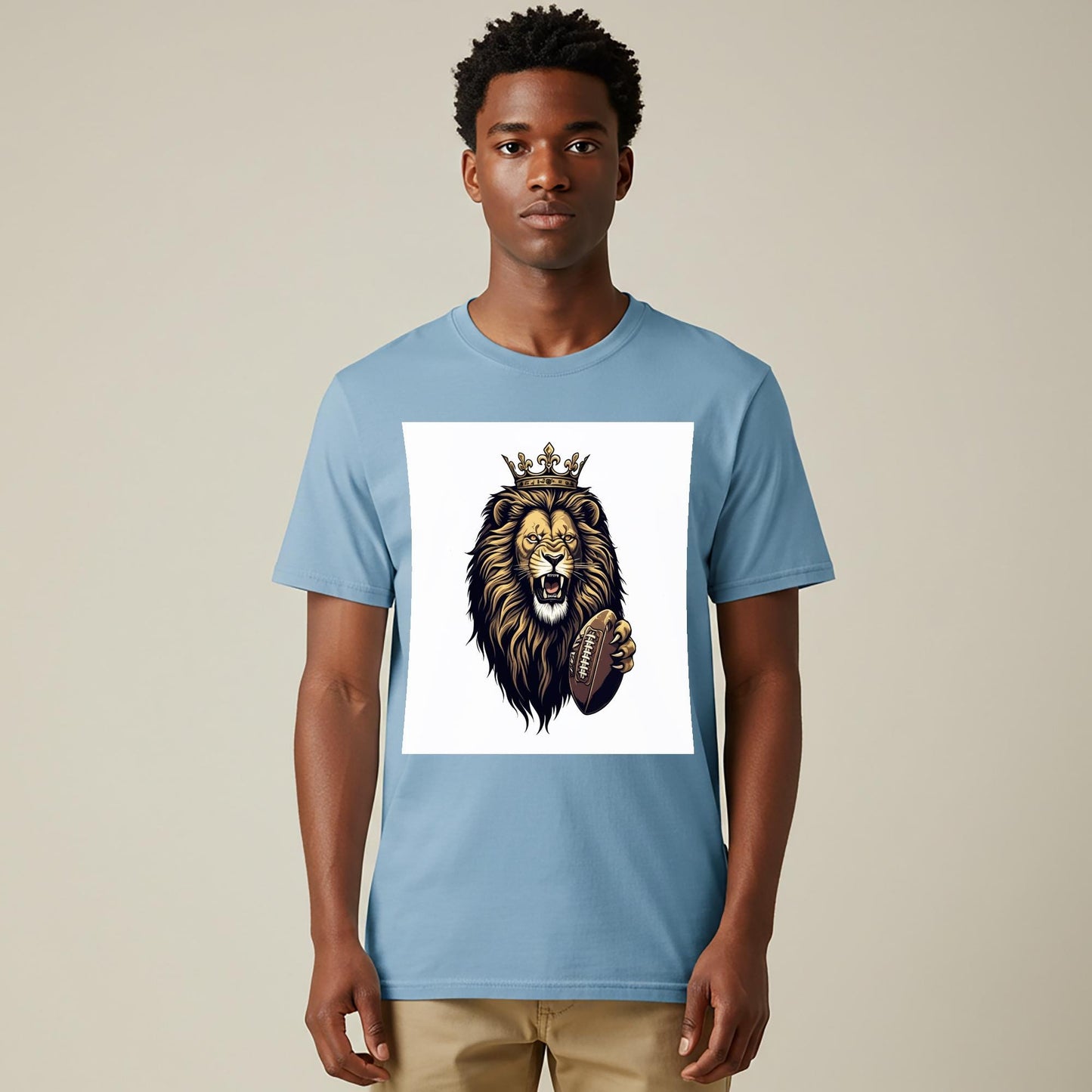 Royal Roar Lion Football T-Shirt | Crowned King Lion Tee | Fierce Sports Fan Apparel | Game Day Gift for Men & Unisex Wear | Bold Design