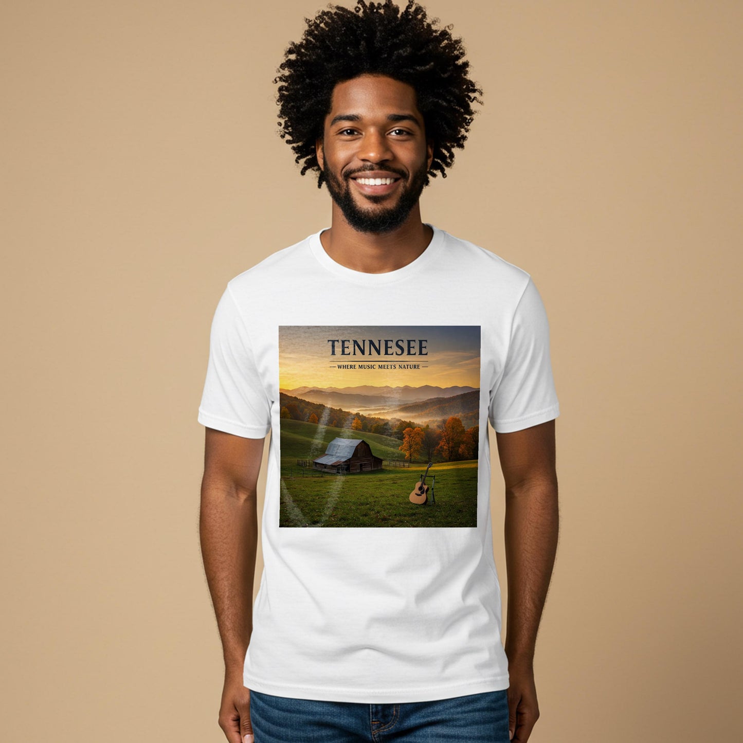 Tennessee Music Meets Nature T-Shirt | Appalachian Landscape Autumn Barn Guitar Tee | Rustic Country Music Fan Gift | State Pride Apparel