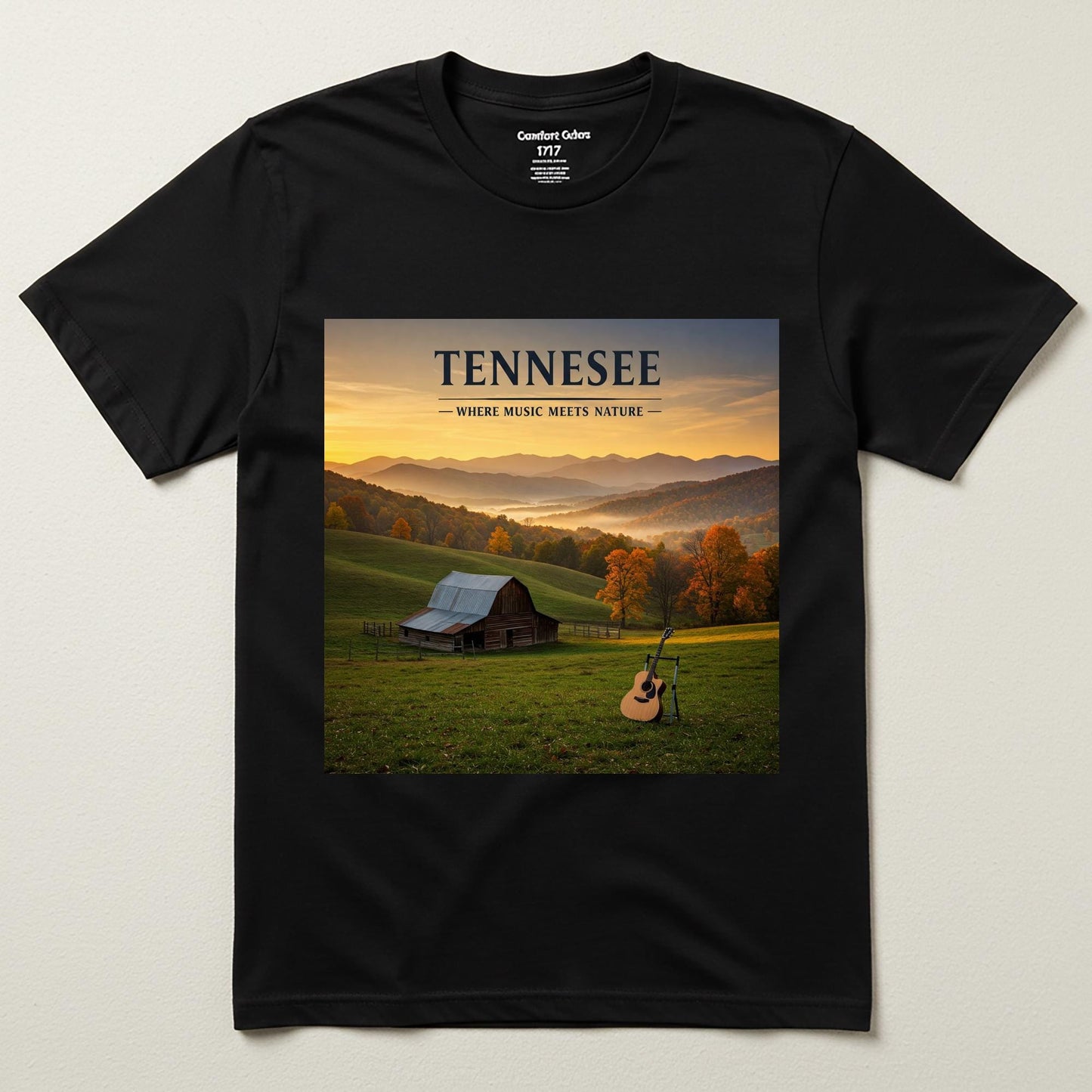 Tennessee Music Meets Nature T-Shirt | Appalachian Landscape Autumn Barn Guitar Tee | Rustic Country Music Fan Gift | State Pride Apparel