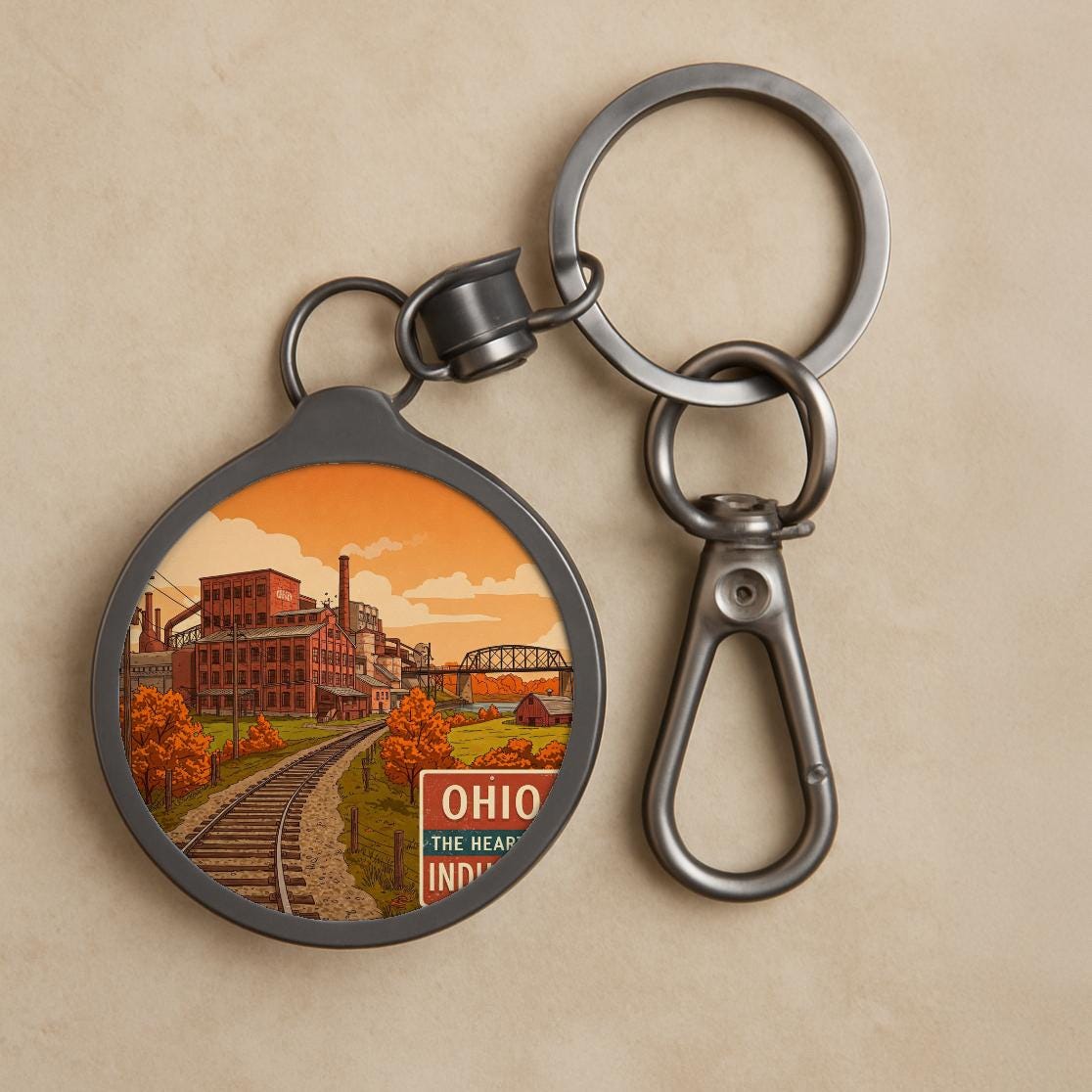 Ohio Heart of Industry Keyring Tag | Vintage Industrial Heritage Design | Retro State Pride Keychain | Nostalgic Ohio Souvenir Gift Idea