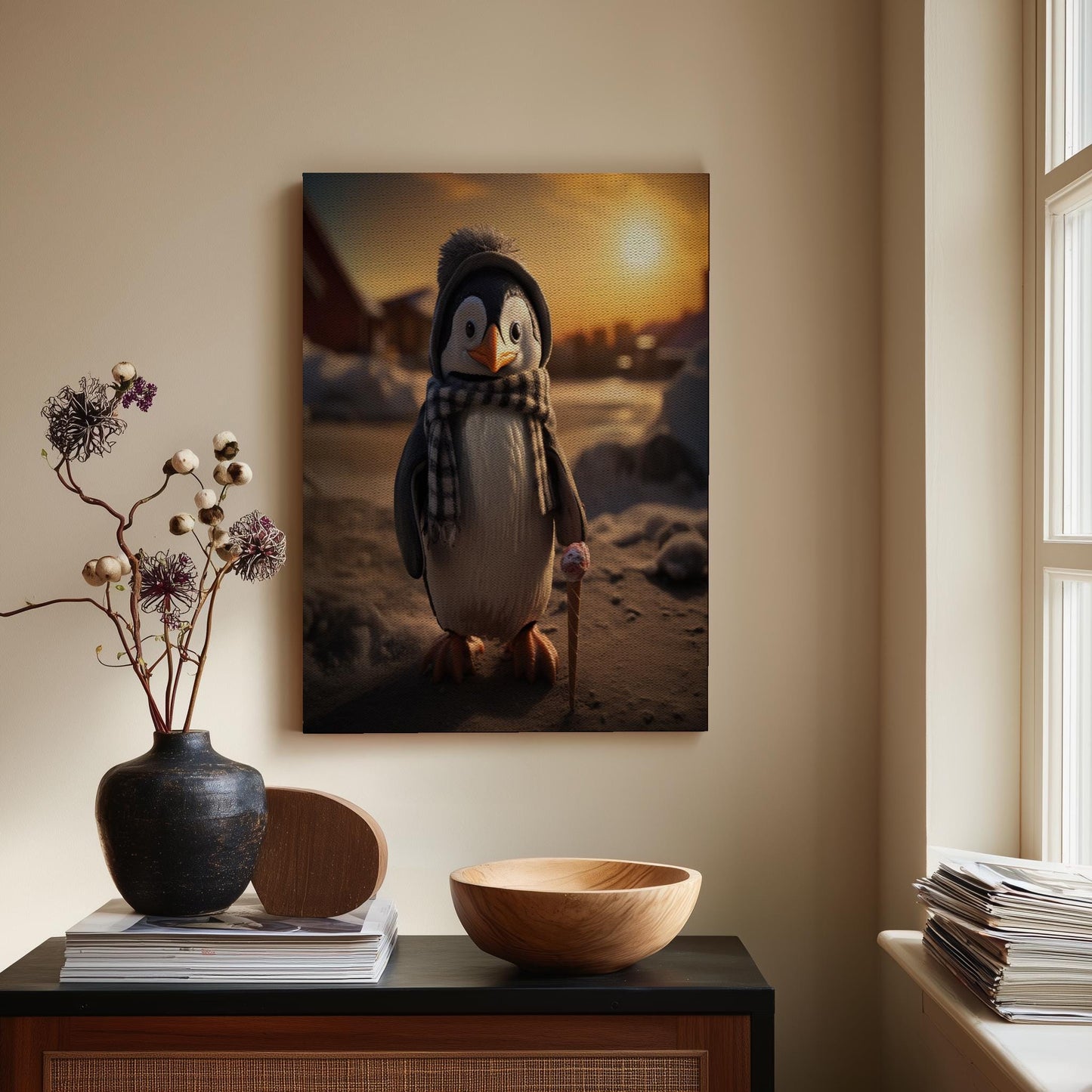 Cute Penguin Canvas Print | Whimsical Winter Animal Wall Art | Adorable Kids Room Decor | Unique Nursery Art Gift | Cozy Sunset Scene