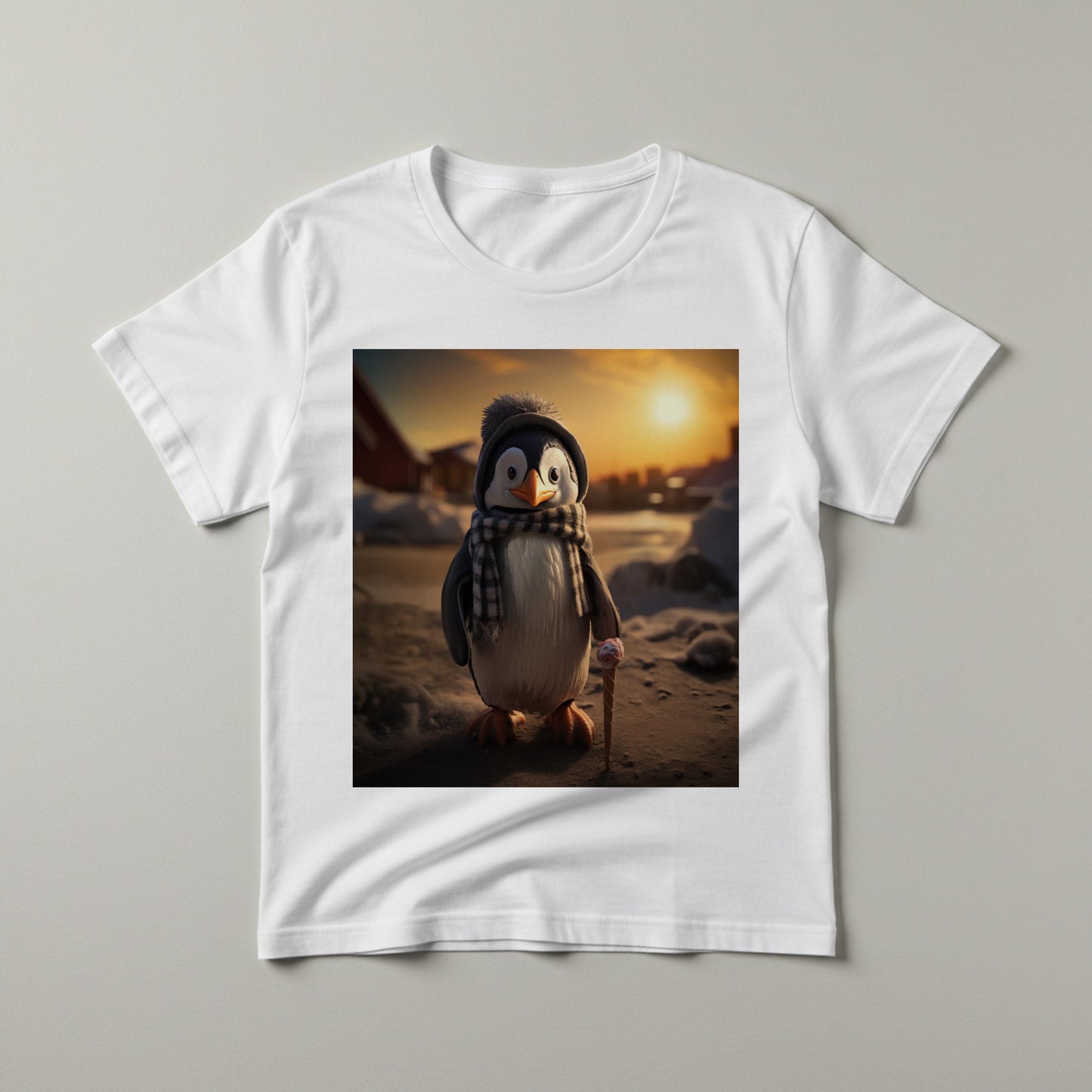 Cozy Penguin Garment-Dyed T-shirt | Whimsical Winter Animal Graphic Tee | Cute Ice Cream Penguin Shirt | Unique Sunset Design Gift Idea