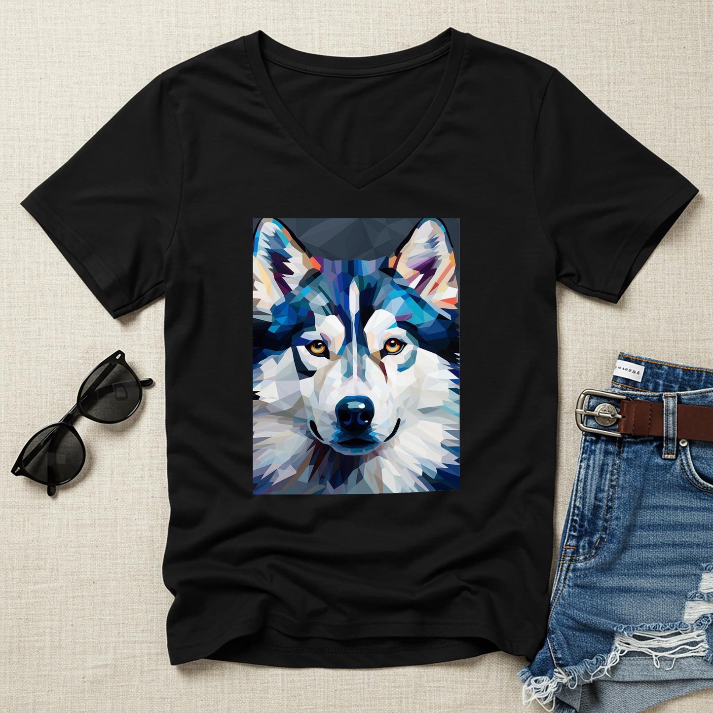 Unisex V-Neck Tee with Geometric Wolf Art | Modern Spirit Animal Shirt | Abstract Wildlife Design | Cool Blue & White Expressive Top