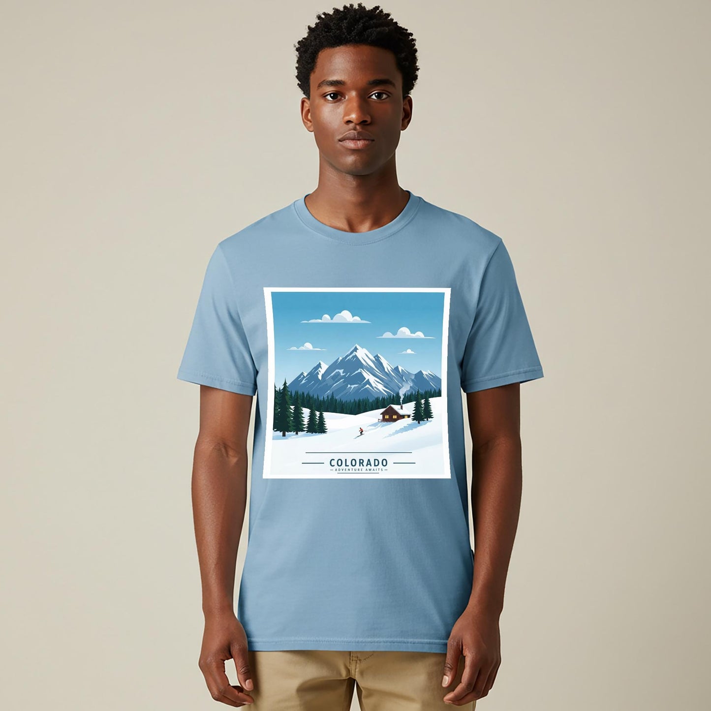 Colorado Adventure Awaits T-Shirt | Retro Skiing Mountain Landscape Tee | Cozy Cabin Winter Scene | Garment Dyed Unisex Apparel Gift