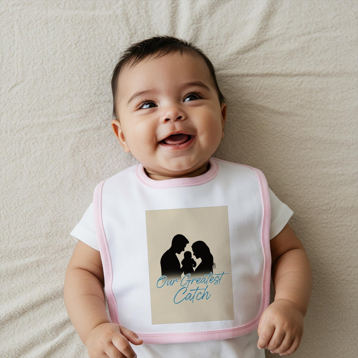 Our Greatest Catch Baby Bib | Sentimental Family Silhouette Newborn Bib | New Parent Gift | Baby Shower Present | Mom Dad Baby Art