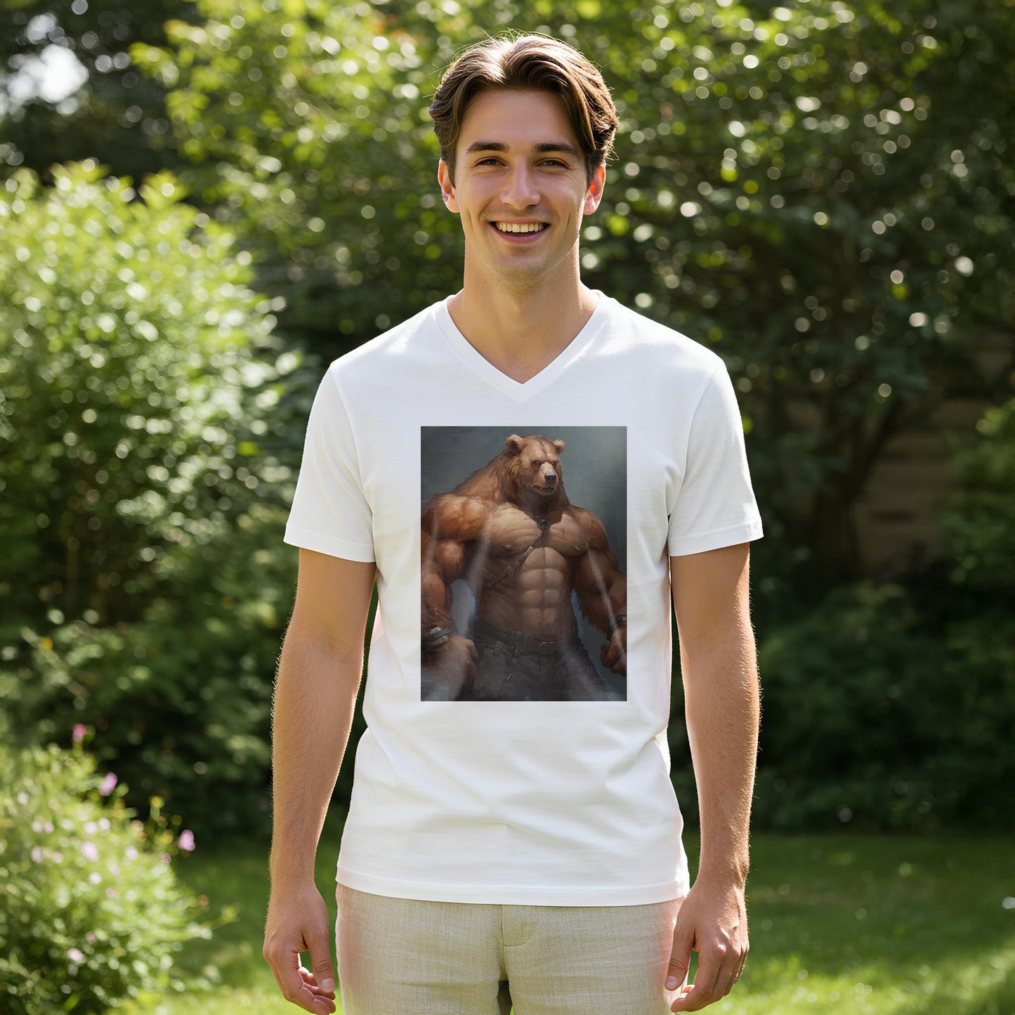 Muscular Anthropomorphic Bear V-Neck Tee | Fantasy Art Graphic Shirt | Power Symbol Apparel | Rugged Style Unisex Top for Bear Community