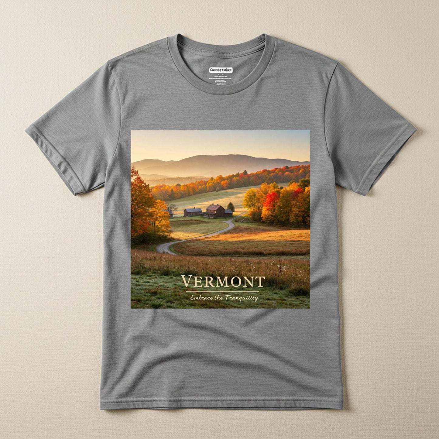 Vermont Autumn Landscape T-Shirt | Fall Foliage New England Scenery Tee | Tranquil Rustic Charm Garment Dyed Shirt for Nature Lovers