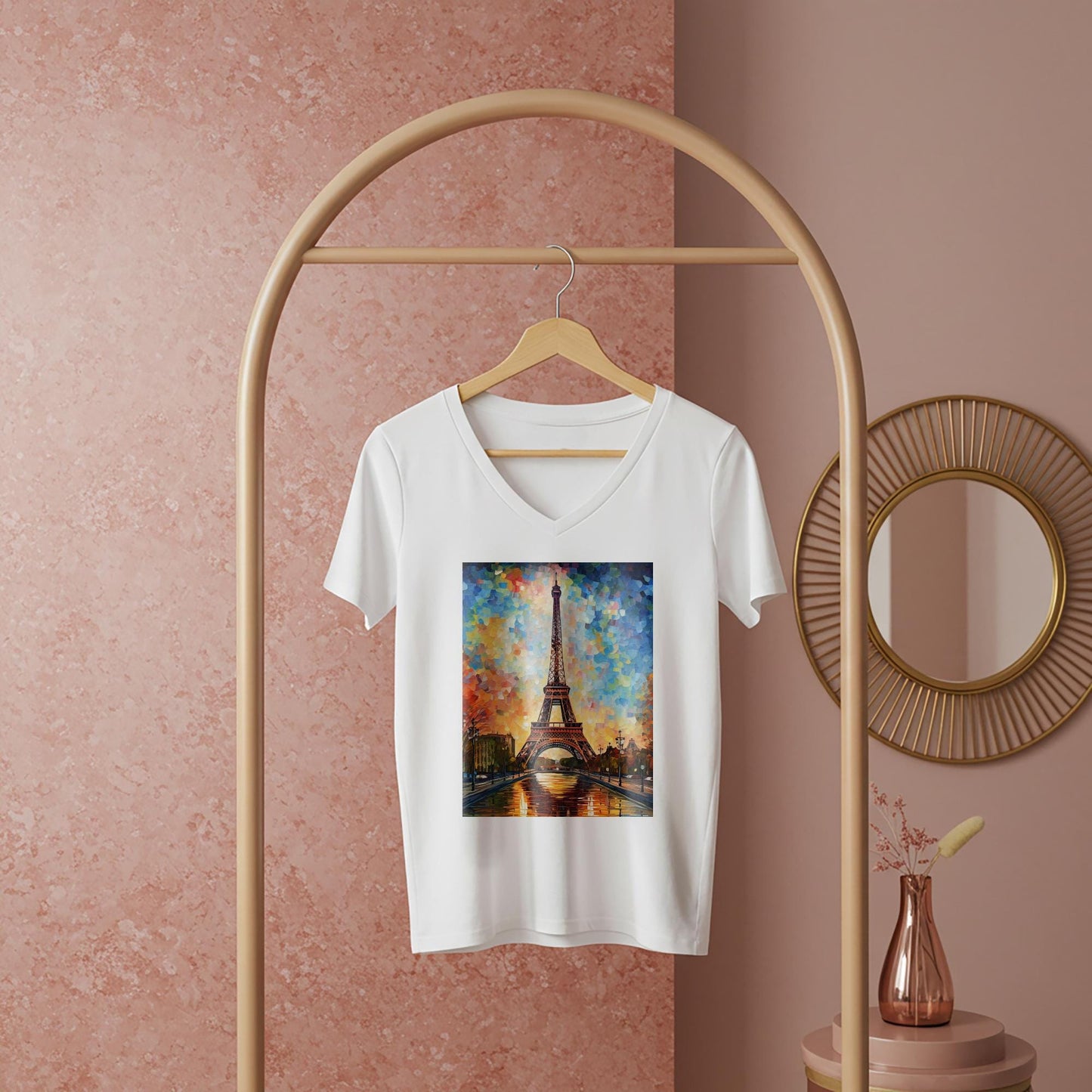 Vibrant Eiffel Tower V-Neck Tee | Impressionist Paris Art Shirt | Autumn Cityscape Graphic | Romantic Travel Apparel | Artistic Unisex Top