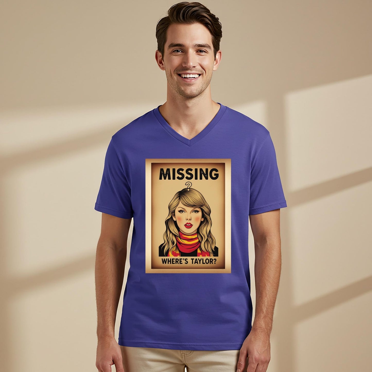 Taylor Swift V-Neck Tee | Swiftie T-Shirt | Missing Taylor Shirt | Pop Art Vintage Poster Design | Celebrity Fan Apparel | Music Lover Gift