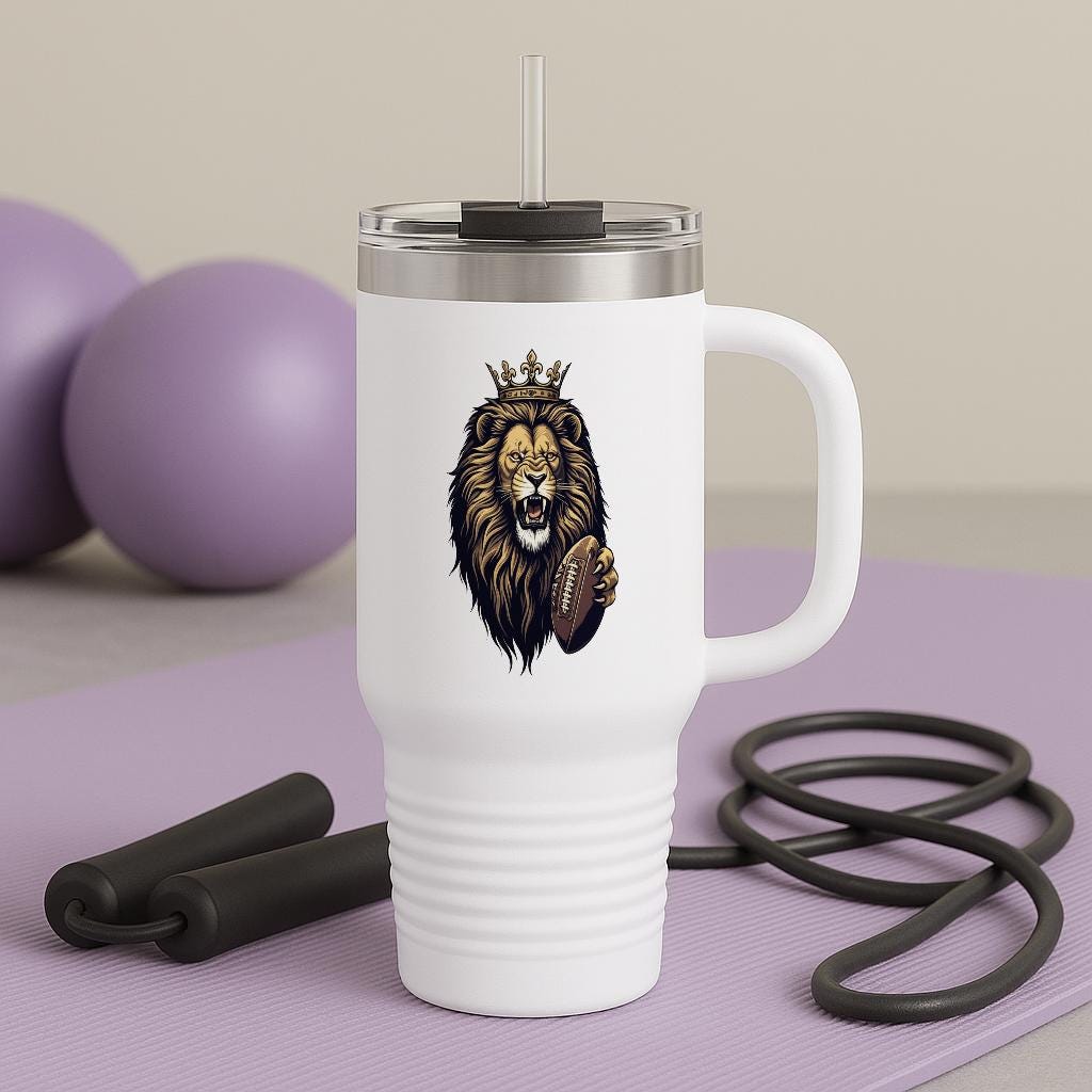 40oz Insulated Travel Mug with Crowned Lion Football Design | Regal Sports Fan Tumbler | Game Day Essential | Powerful King Lion Mascot Gift