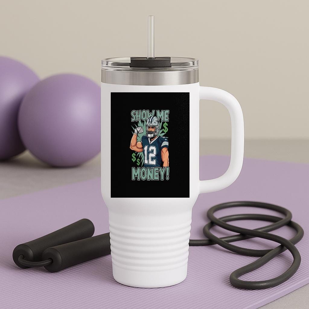 40oz Insulated Travel Mug Football Player Show Me Money Sports Fan Gift Game Day Tumbler Money Mindset Hustle Culture Motivational Drinkware