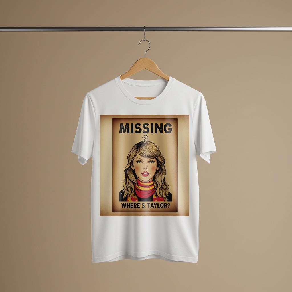 Where's Taylor Swift Missing Poster T-Shirt | Vintage Style Swiftie Fan Apparel | Unisex Garment Dyed Pop Culture Graphic Tee Gift