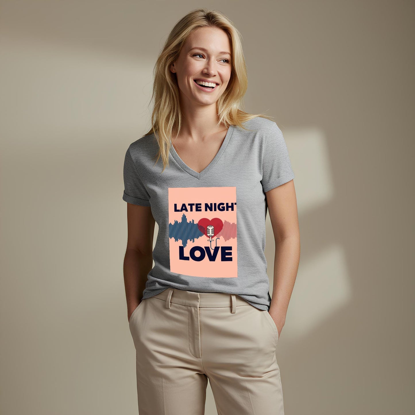 Late Night Love V-Neck Tee | Romantic Podcast Lover Shirt | Vintage Microphone Heart Sound Wave Design | Music Lover Gift for Him Her