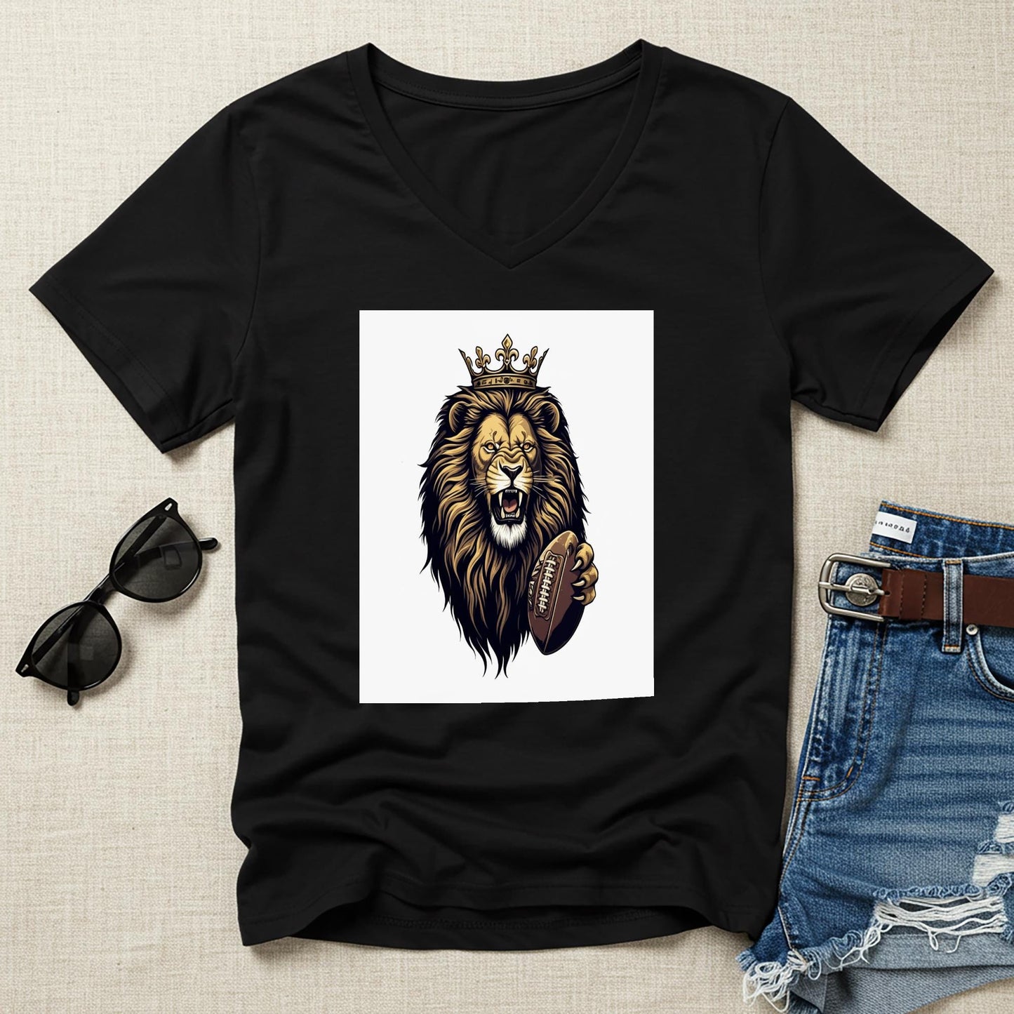 Roaring Lion Football V-Neck Tee | Crowned King Lion Game Day Shirt | Fierce Sports Fan Apparel | Majestic Animal Design Gift for Fans