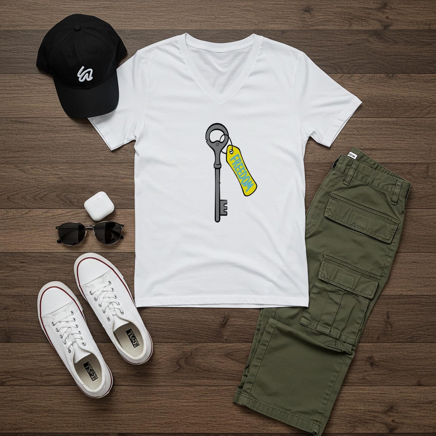 Unisex V-neck Tee with Freedom Key Design | Motivational Inspirational Shirt | Positive Message Apparel | Liberation Independence Gift