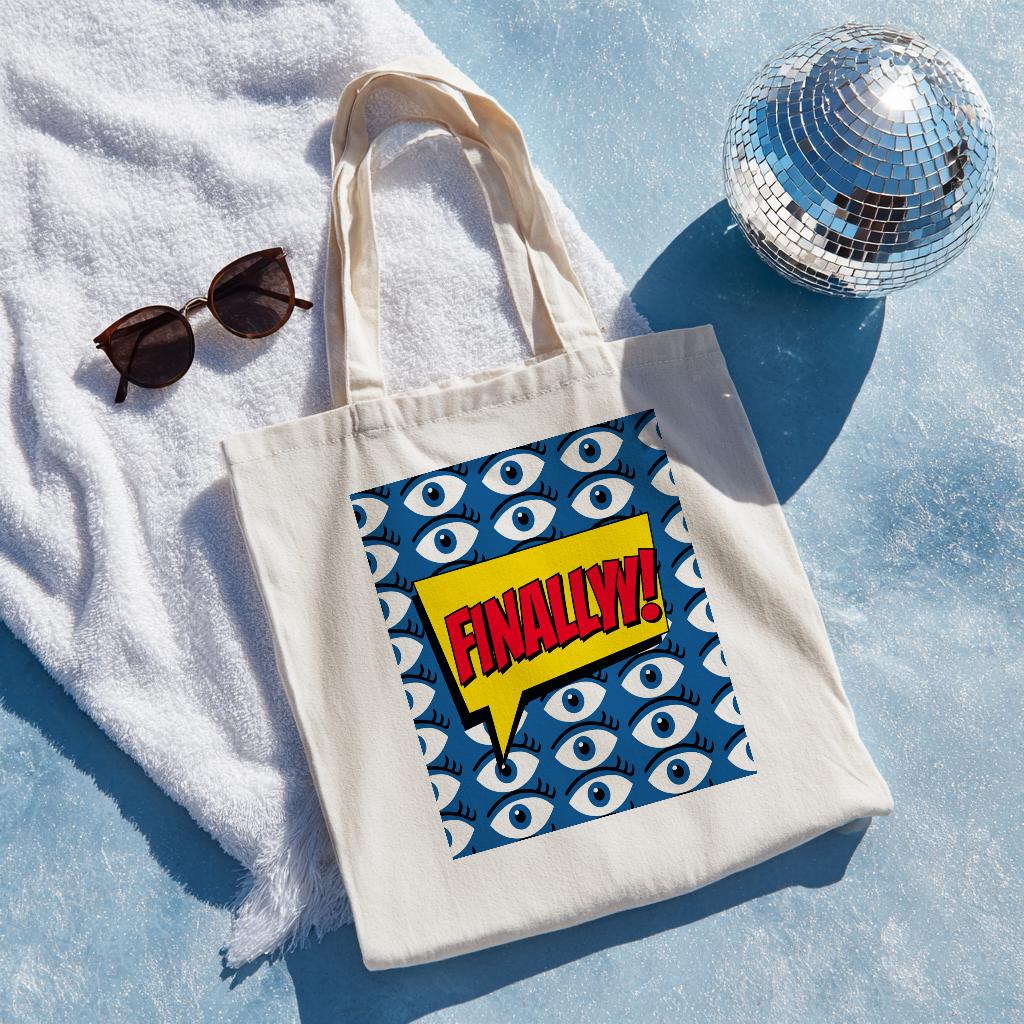 Pop Art FINALLY Tote Bag | Cotton Canvas Shoulder Bag with Stylized Eye Design | Comic Book Style Statement Accessory | Unique Gift Idea