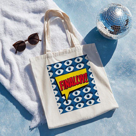 Pop Art FINALLY Tote Bag | Cotton Canvas Shoulder Bag with Stylized Eye Design | Comic Book Style Statement Accessory | Unique Gift Idea