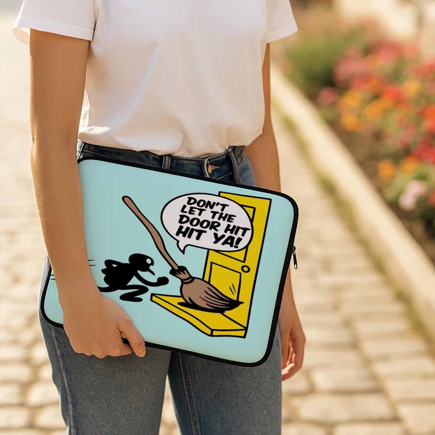Funny Sarcastic Laptop Sleeve | Humorous Tech Cover | Witty Computer Case | Don't Let The Door Hit Ya Gift | Coworker Leaving Present