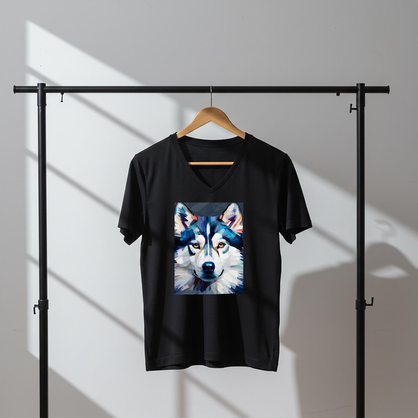 Unisex V-Neck Tee with Geometric Wolf Art | Modern Spirit Animal Shirt | Abstract Wildlife Design | Cool Blue & White Expressive Top