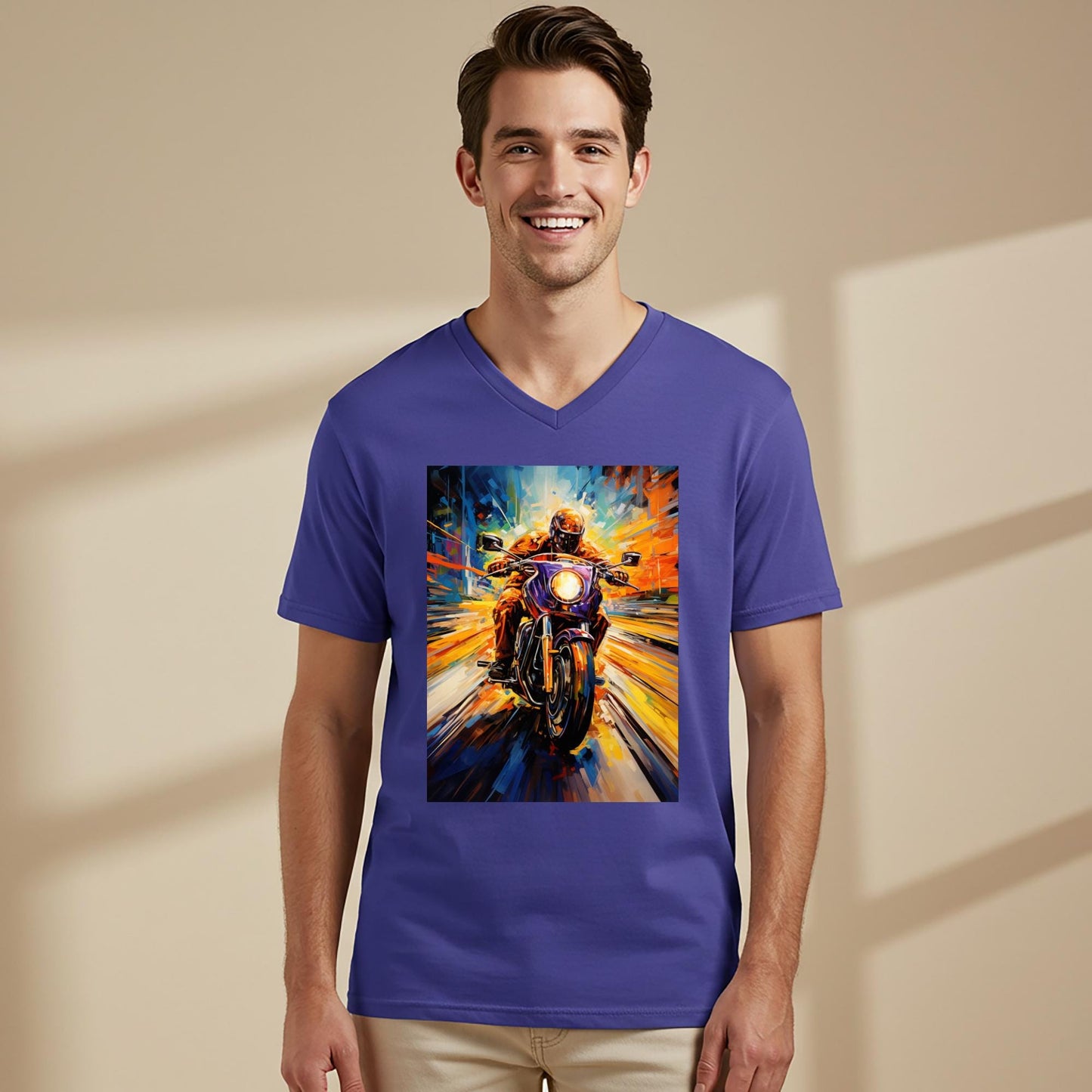 Unisex V-Neck Tee with Abstract Motorcycle Art | Dynamic Rider Speed Design | Vibrant Expressionist Biker Shirt | Unique Gift for Riders
