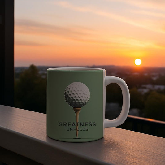 Motivational Golf Mug with Greatness Unfolds Design, Inspirational Golfer Coffee Cup, Unique Sports Enthusiast Gift, Minimalist Ceramic Mug