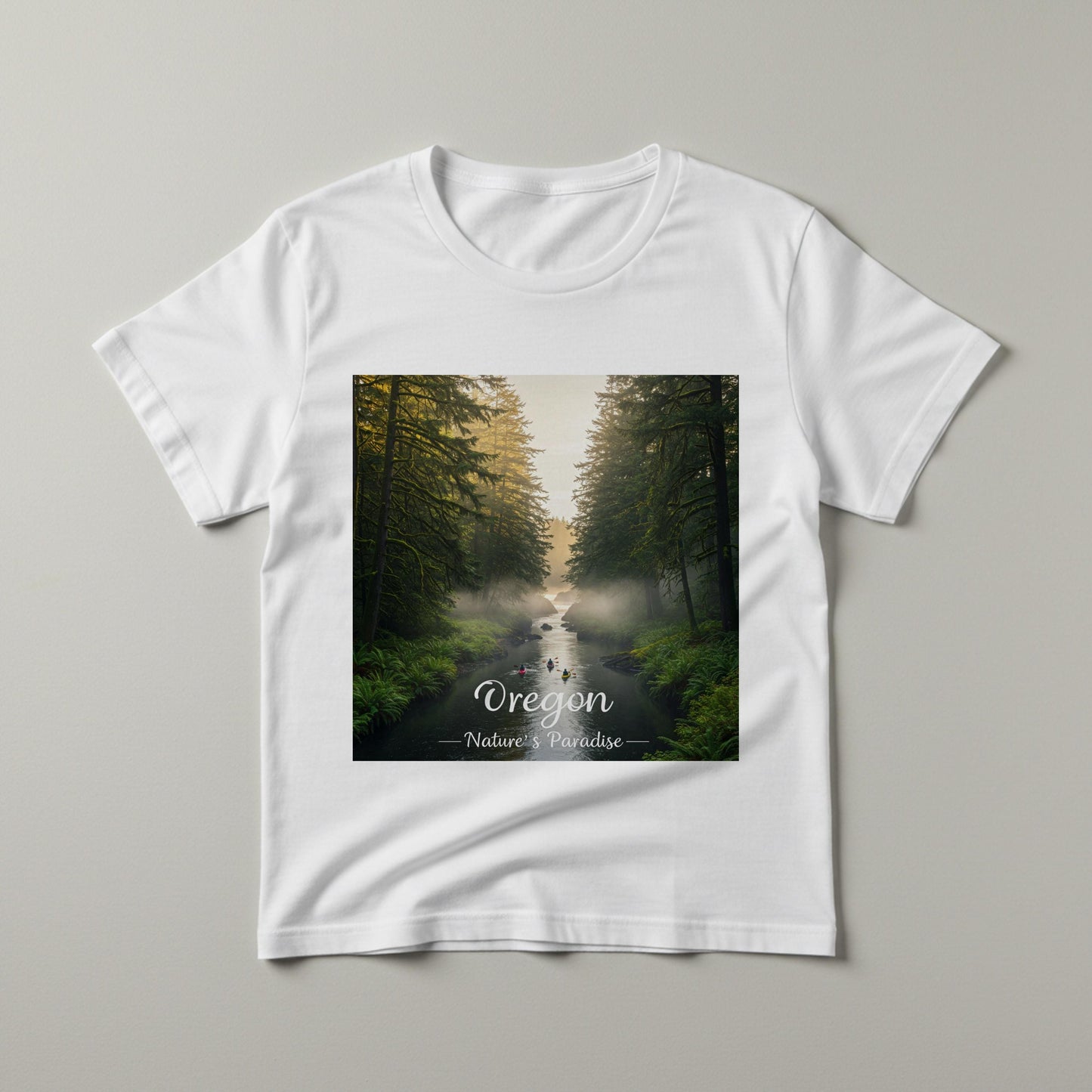 Oregon Misty Forest River Kayaking T-Shirt | Unisex Garment-Dyed Nature Landscape Graphic Tee | PNW Outdoor Adventure Apparel Gift