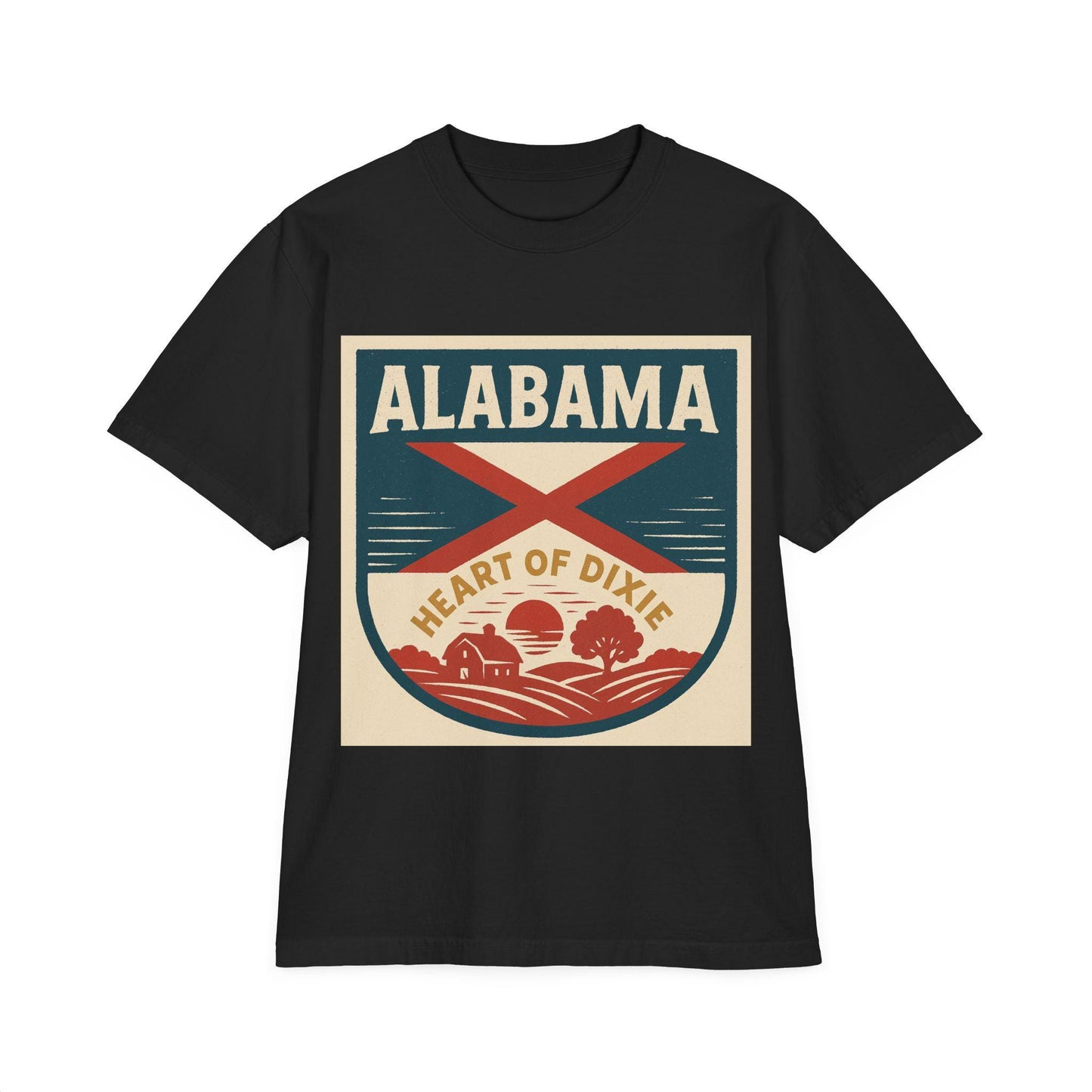 Heart of Dixie Alabama Vintage Garment-Dyed Unisex Drop-Shoulder T-Shirt - 100% Cotton, Soft & Comfortable, Made in the USA