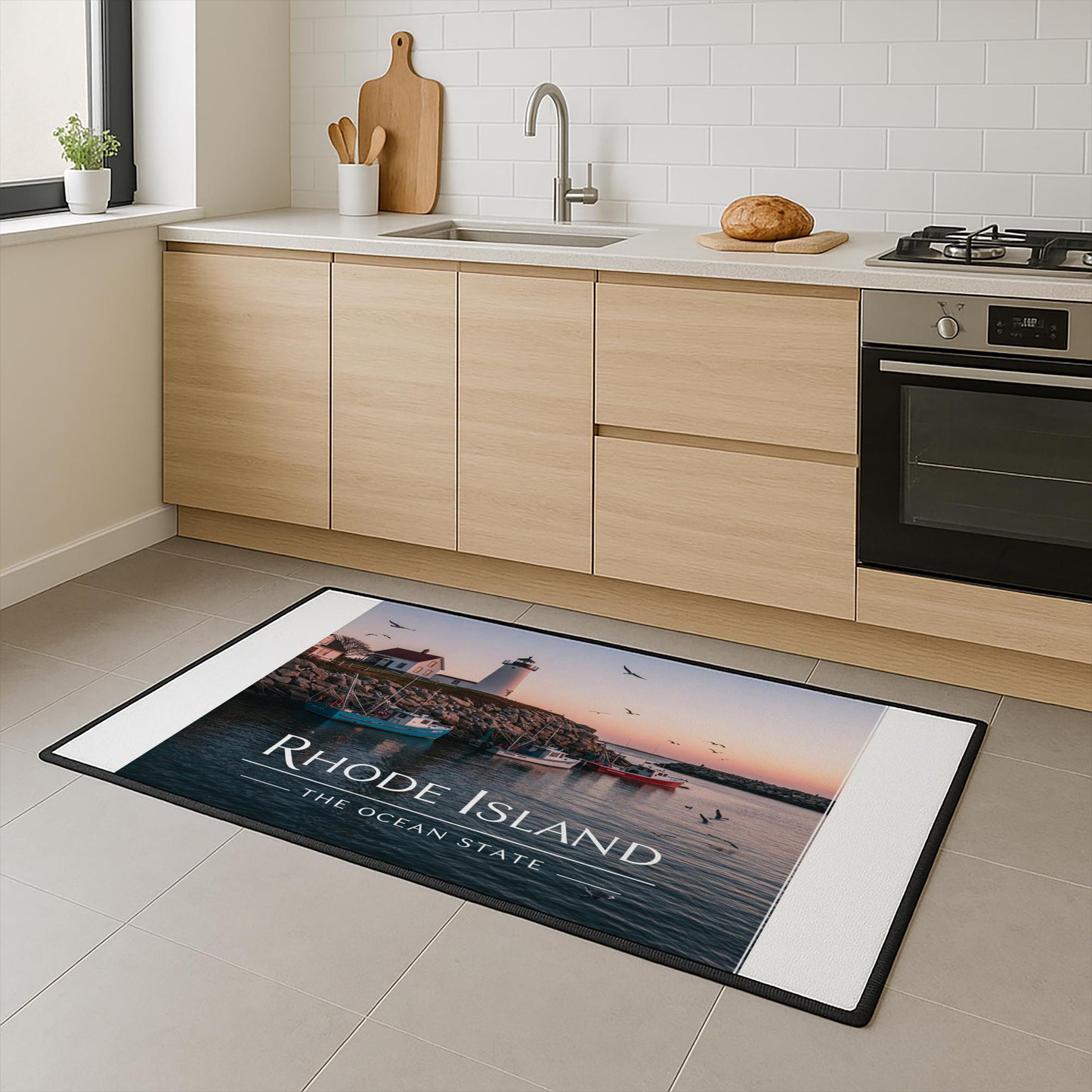 Rhode Island Coastal Floor Mat with Lighthouse & Fishing Boats | New England Ocean State Welcome Mat | Heavy Duty Durable Home Decor Gift