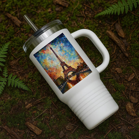 Vibrant Eiffel Tower Travel Mug 40oz | Impressionist Autumn Paris Insulated Tumbler | Artistic Cityscape Drinkware | Wanderlust Gift