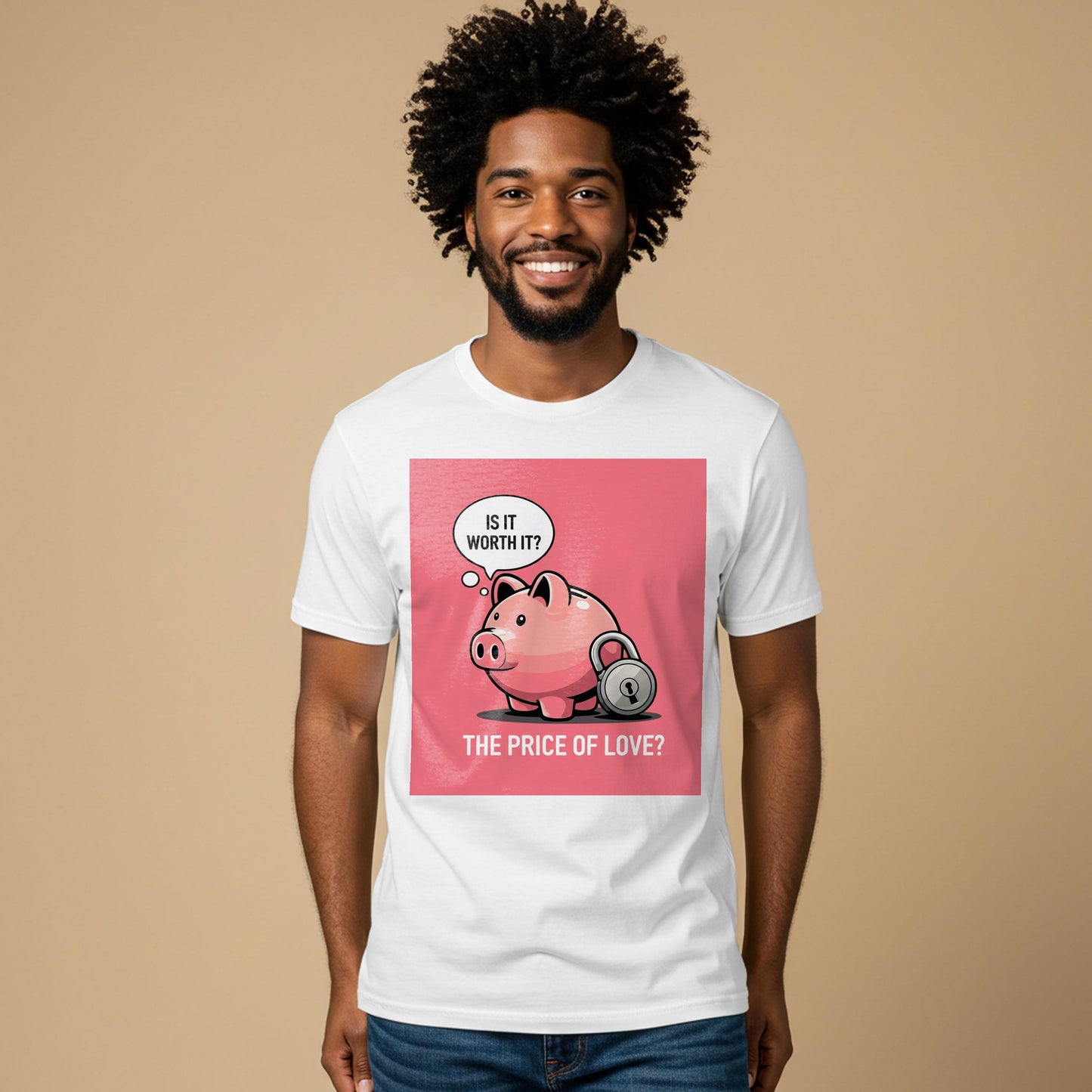 Unisex Garment-Dyed T-shirt with Witty Piggy Bank Design | Ironic Love & Money Graphic Tee | Thought-Provoking Relationship Humor Shirt
