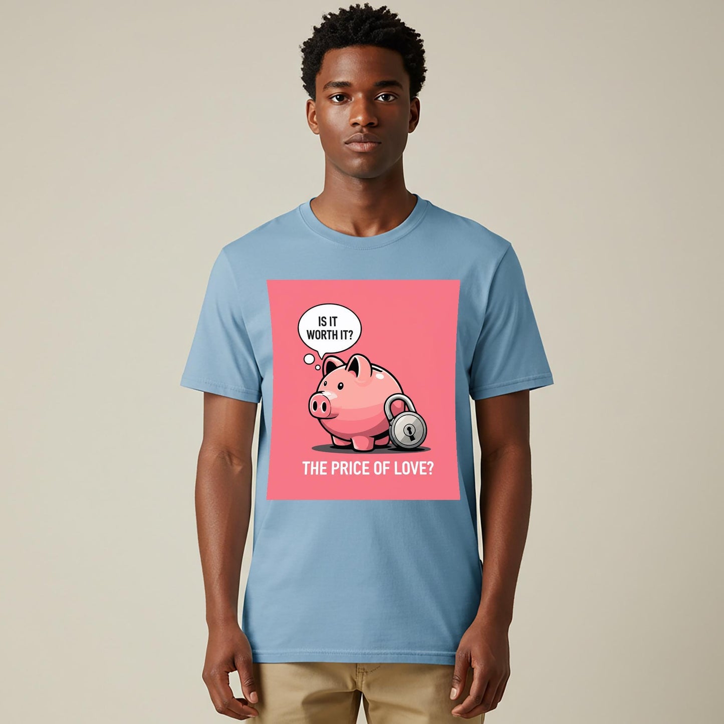 Unisex Garment-Dyed T-shirt with Witty Piggy Bank Design | Ironic Love & Money Graphic Tee | Thought-Provoking Relationship Humor Shirt