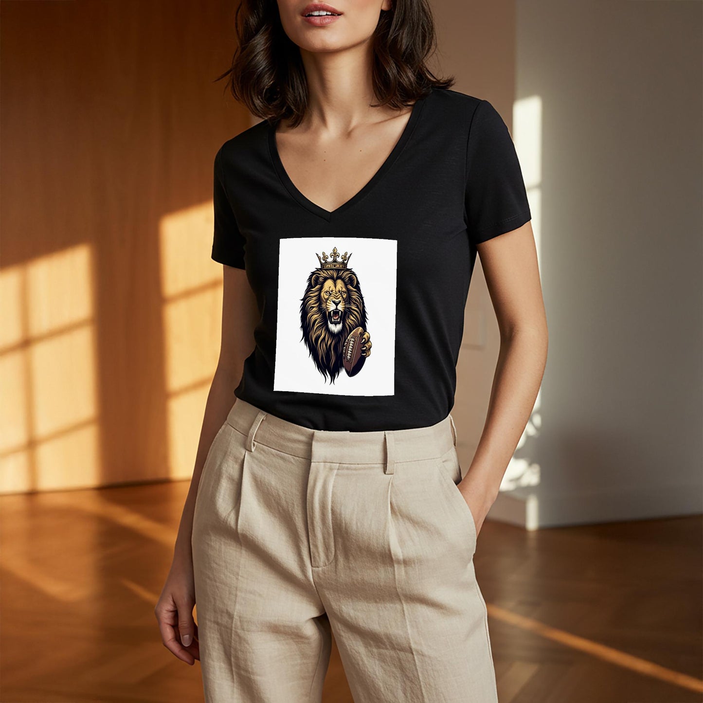 Roaring Lion Football V-Neck Tee | Crowned King Lion Game Day Shirt | Fierce Sports Fan Apparel | Majestic Animal Design Gift for Fans