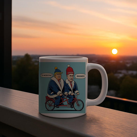 Hilarious Political Satire Mug with Trump Putin Tandem Bike Coffee Cup | Rigged Election Humor & Moscow Joke Gift | Controversial Art