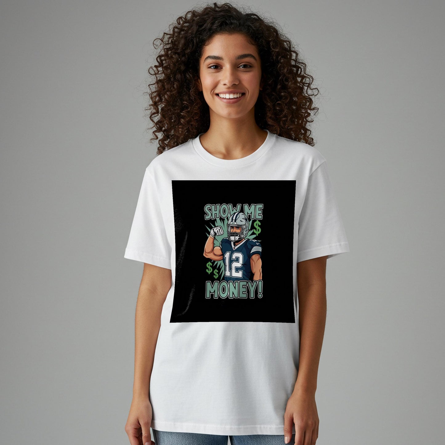 Show Me Money Football T-Shirt | Number 12 Player Tee | Sports Graphic Apparel | Unisex Garment-Dyed Shirt | Game Day Outfit | Fan Gift