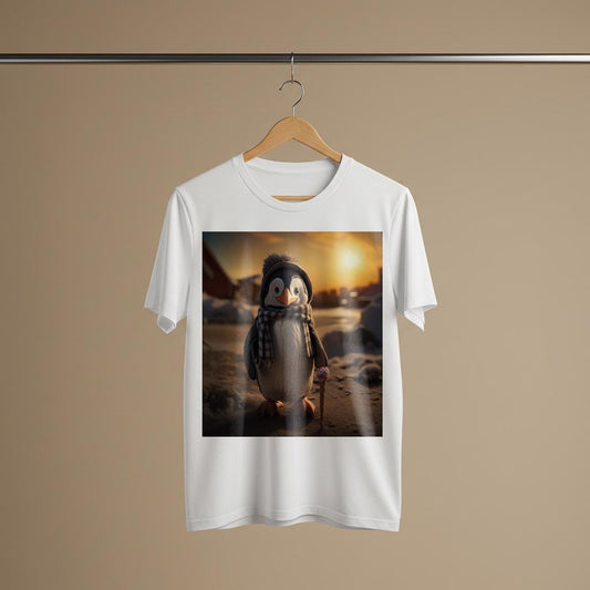 Cozy Penguin Garment-Dyed T-shirt | Whimsical Winter Animal Graphic Tee | Cute Ice Cream Penguin Shirt | Unique Sunset Design Gift Idea