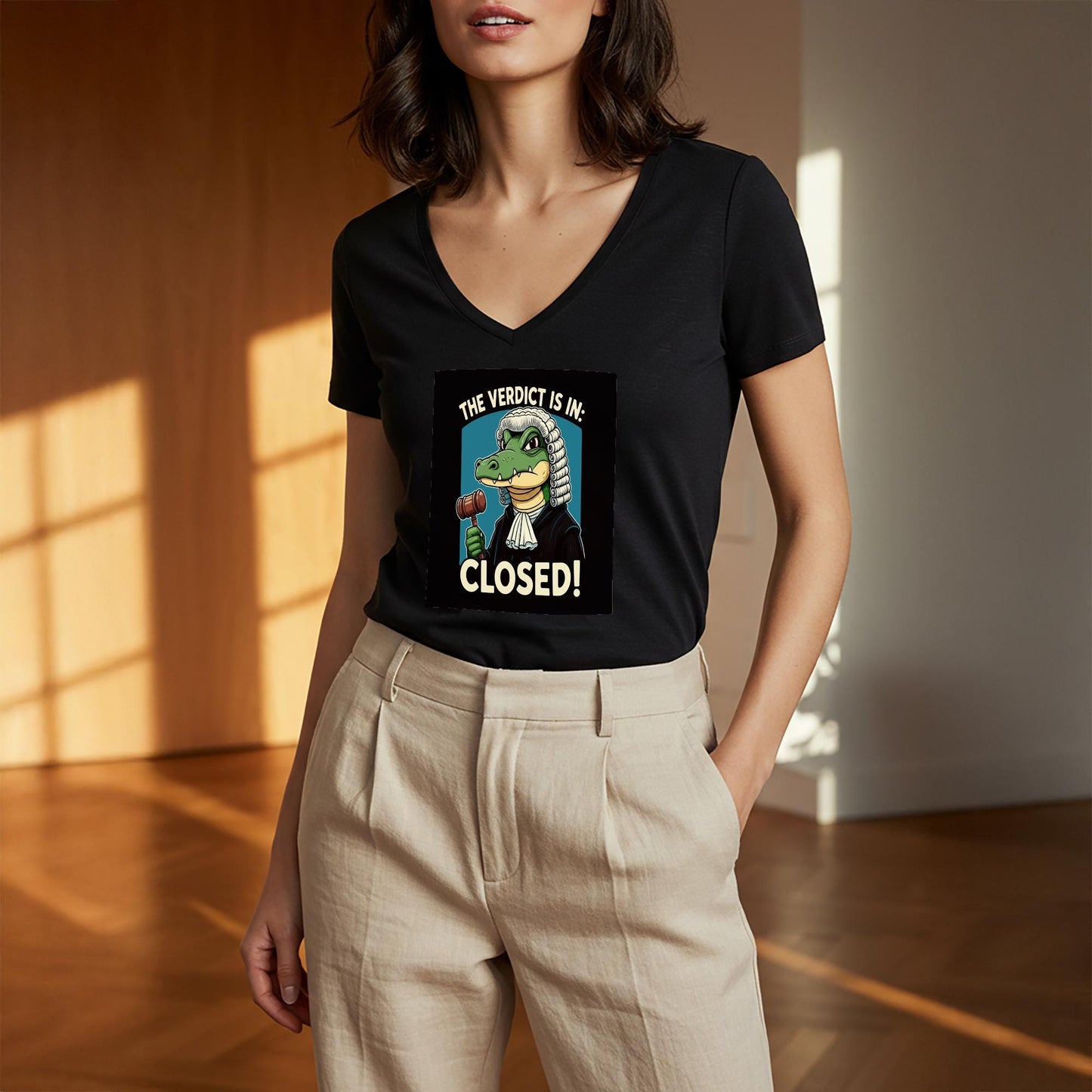 Gavel Gator Judge Tee | Funny Lawyer Gift | Verdict Closed Shirt | Case Closed Legal Humor Apparel | Witty Law Student | Unisex V-Neck