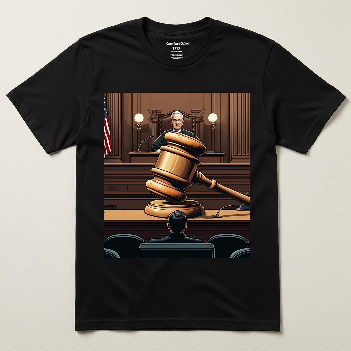 Justice T-shirt Lawyer Gift Judge Graphic Courtroom Scene Legal System Gavel Design American Justice Law Student Unisex Garment-Dyed Tee