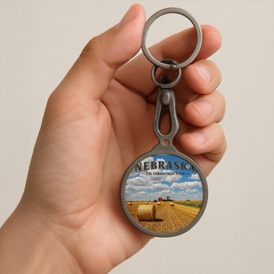 Nebraska Cornfield Keyring Tag | Cornhusker State Keychain | Rural Farm Landscape Art | Vintage Style State Pride Souvenir Gift Idea