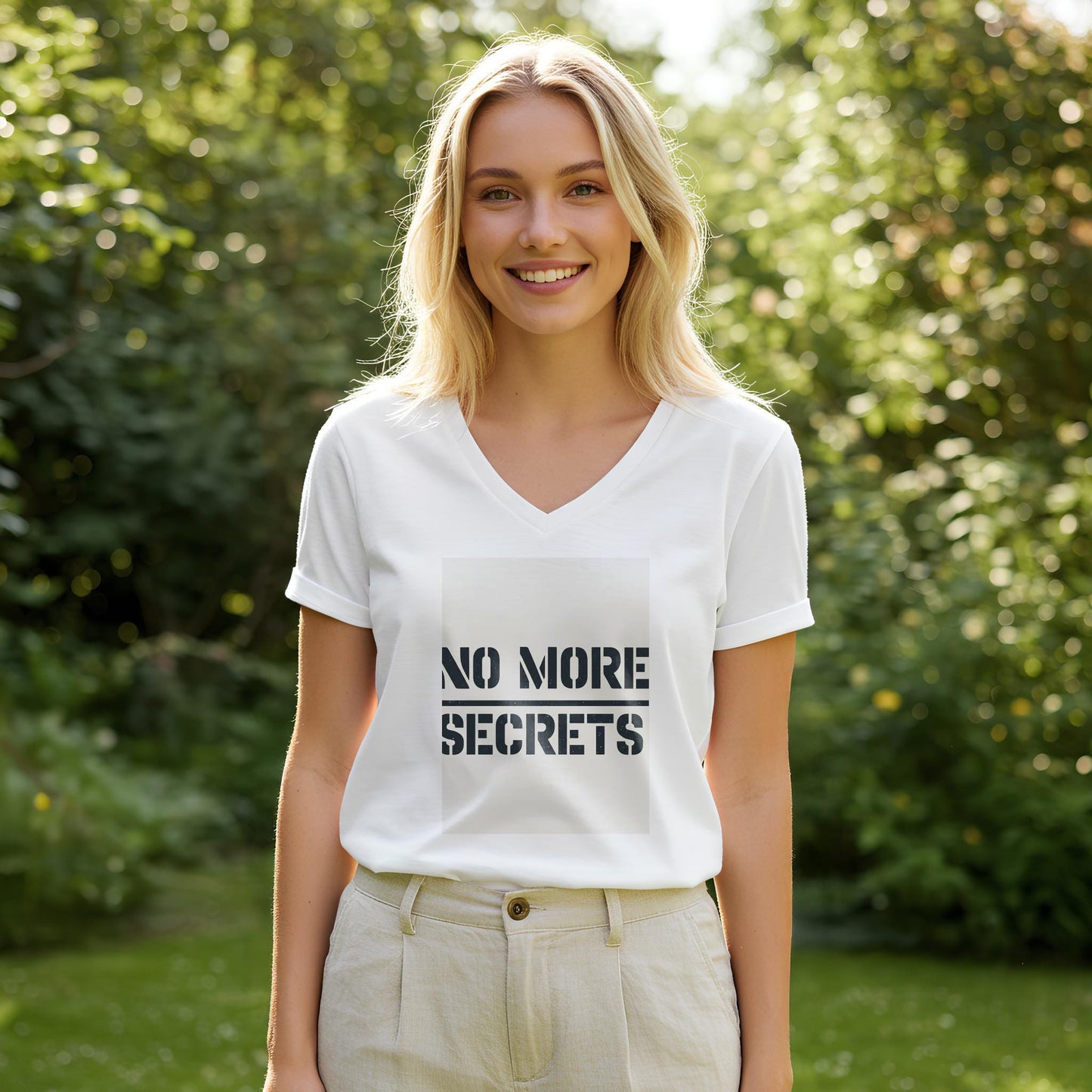 No More Secrets V-Neck Tee | Truth Transparency Honesty Shirt | Distressed Stencil Font Graphic T-Shirt | Empowering Statement Apparel Gift
