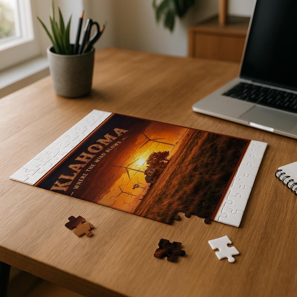Oklahoma Windy Sunset Jigsaw Puzzle | Photorealistic Landscape Art Print | State Pride Gift | Rural Americana Home Decor | Wind Turbine Art