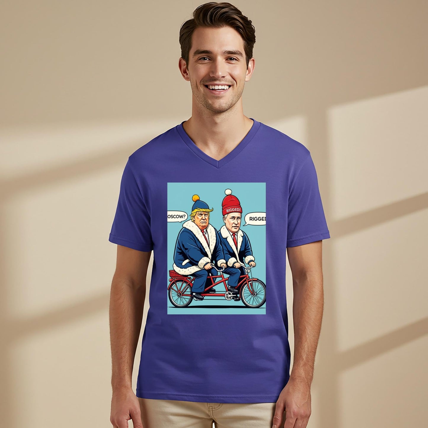 Political Pedals Unisex V-Neck Shirt | Trump Putin Tandem Bike Tee | Rigged Election Humor | To Moscow Satire | Funny Political Gift