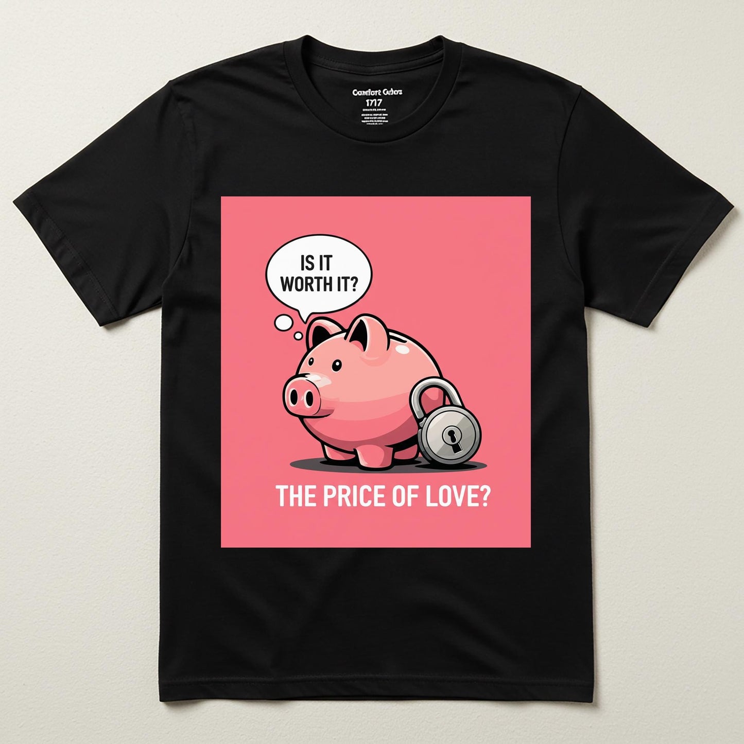 Unisex Garment-Dyed T-shirt with Witty Piggy Bank Design | Ironic Love & Money Graphic Tee | Thought-Provoking Relationship Humor Shirt