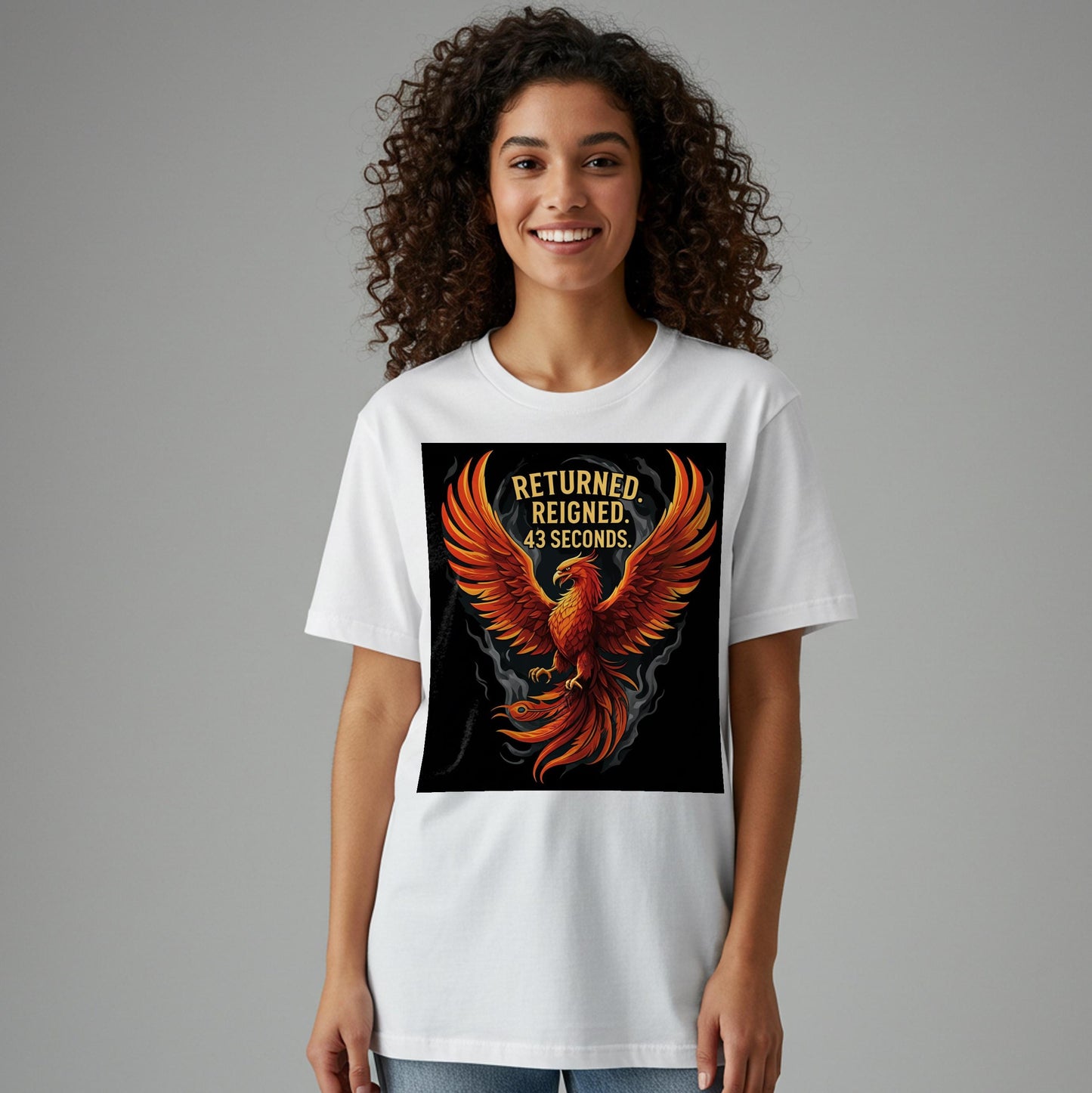 Unisex Garment-Dyed Phoenix T-Shirt with Ironic 'Returned. Reigned. 43 Seconds.' Humor | Mythical Creature Fantasy Art Apparel Gift