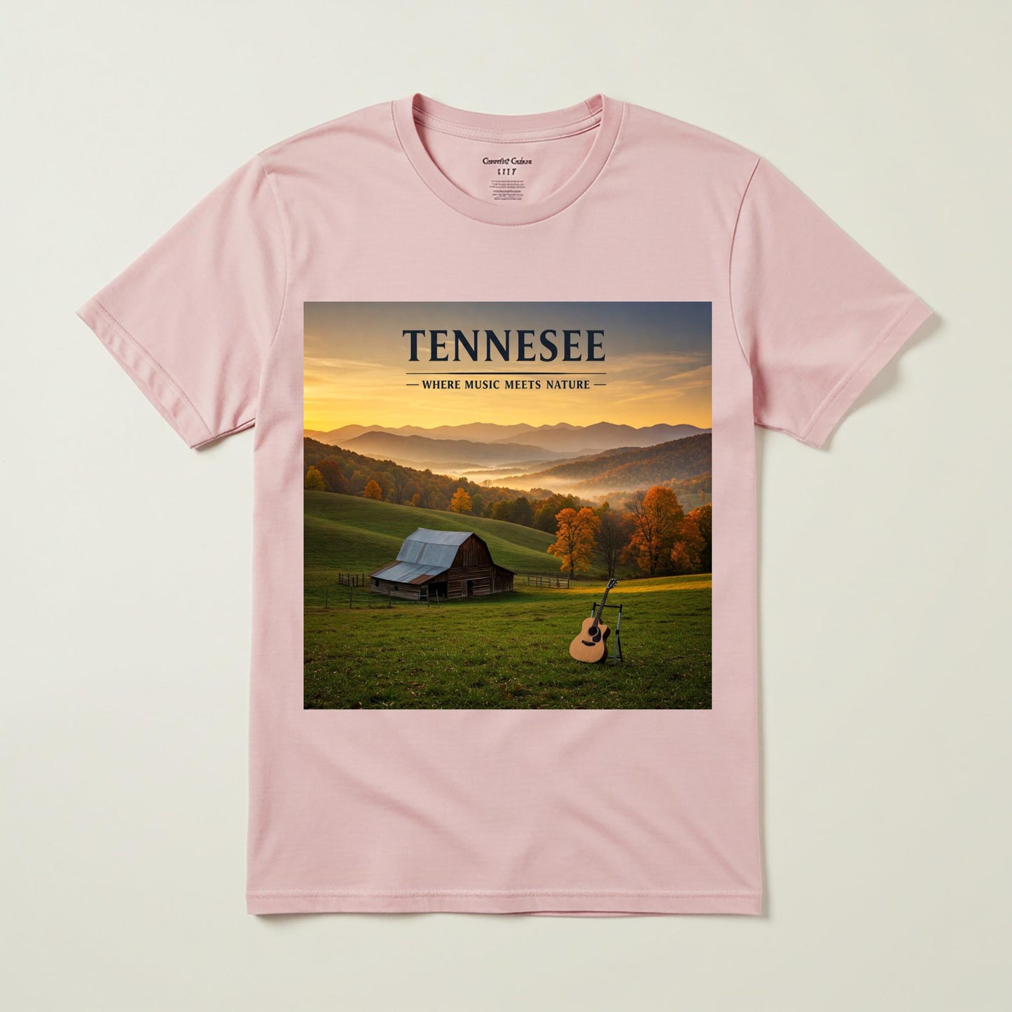 Tennessee Music Meets Nature T-Shirt | Appalachian Landscape Autumn Barn Guitar Tee | Rustic Country Music Fan Gift | State Pride Apparel